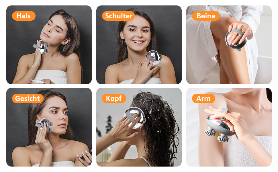 Collage aus sechs Bildern, die ein tragbares Massagegerät zeigen, das an verschiedenen Körperteilen wie Hals, Schultern, Beinen, Gesicht, nassem Haar und Armen verwendet wird