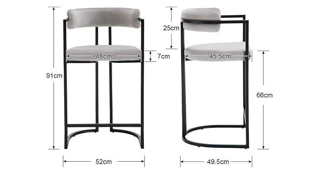 Moderner Barhocker mit hell gepolstertem Sitz und Rückenlehne, schwarzes Metallgestell. Die Seiten- und Vorderansicht zeigen Abmessungen: 91 cm Gesamthöhe, 52 cm Breite, 66 cm Sitzhöhe