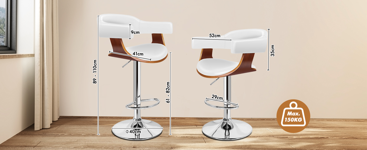 Two modern white adjustable bar stools with curved backrests and chrome bases, shown with measurement indicators for height specifications.