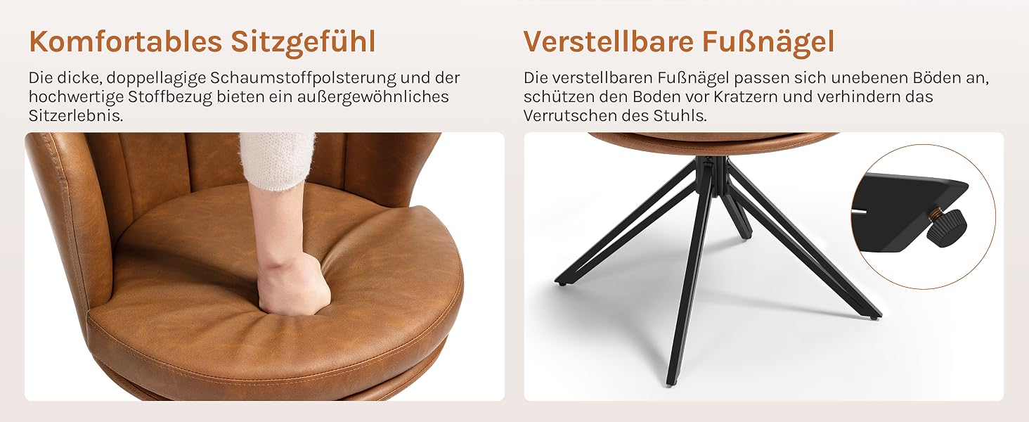 Der Text lautet „Komfortables Sitzgefühl“ und „Verschiedene Fullungen“. Geteiltes Bild mit braunem Kissen und schwarzem Stativständer mit Zubehör.