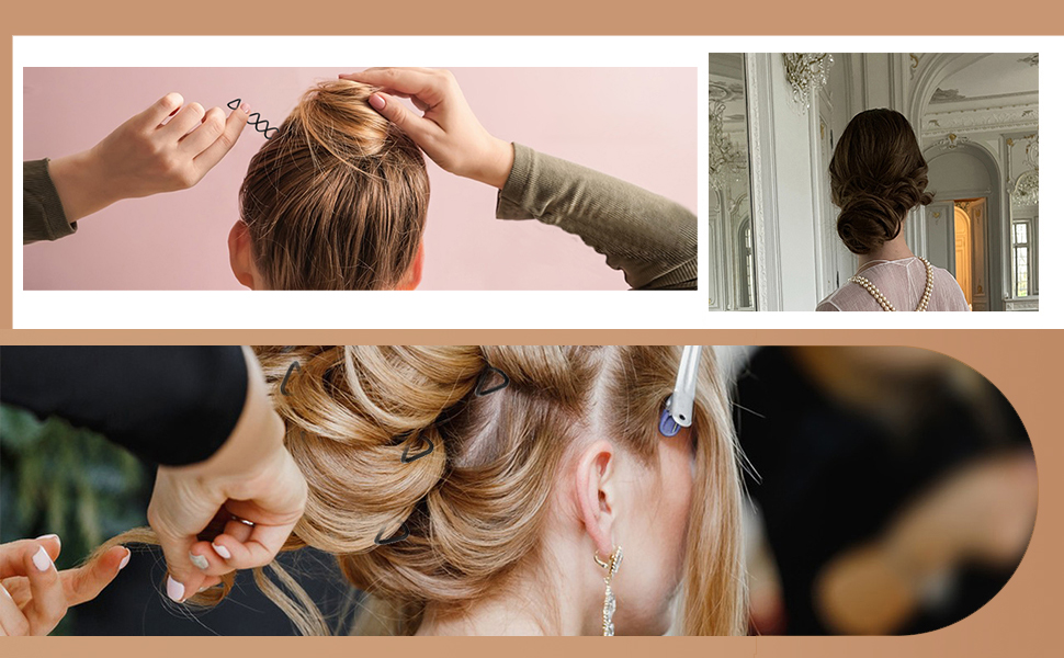 Collage de trois images illustrant différentes techniques de coiffure : création d'un chignon, visualisation d'un chignon fini et coiffage avec des