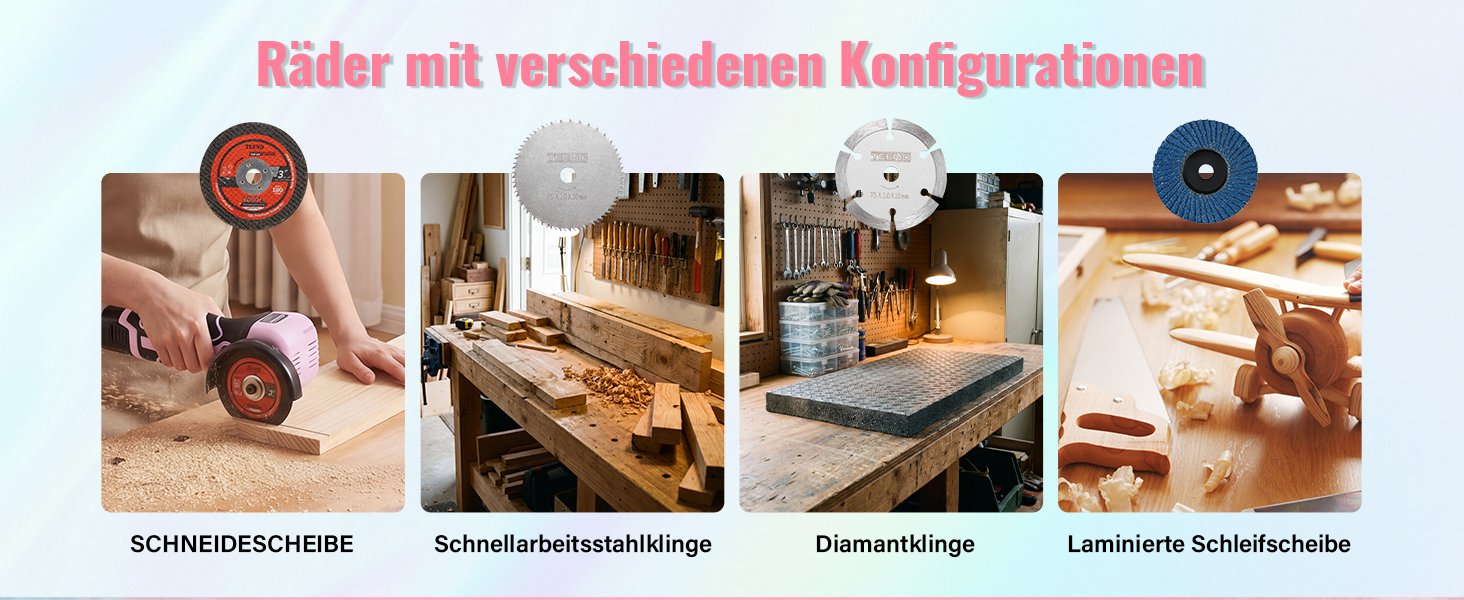 Der Text lautet 'Räder mit verschiedenen Konfigurationen' (Räder mit verschiedenen Konfigurationen), 'SCHIEBEACHSE', 'Rotationsunterbau', 'Doppelrollen', 'Laminat-Schleiffachse'. Es werden vier kreisförmige Radtypen mit den entsprechenden Produktanwendungen dargestellt.
