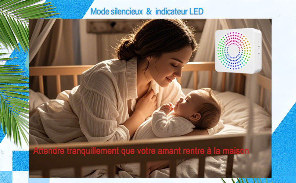 Appareil carré blanc avec indicateur LED, probablement un moniteur pour bébé ou un capteur de qualité de l'air.