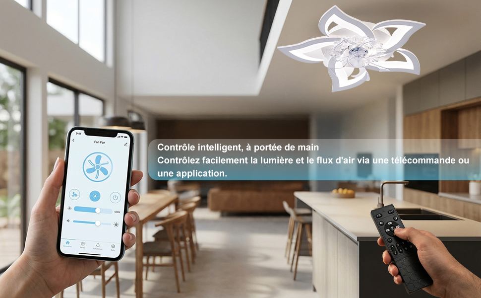 Smartphone affichant une interface d'application pour la maison intelligente avec un luminaire de projection monté au plafond visible au-dessus, démontrant la technologie domotique connectée et les capacités de contrôle.