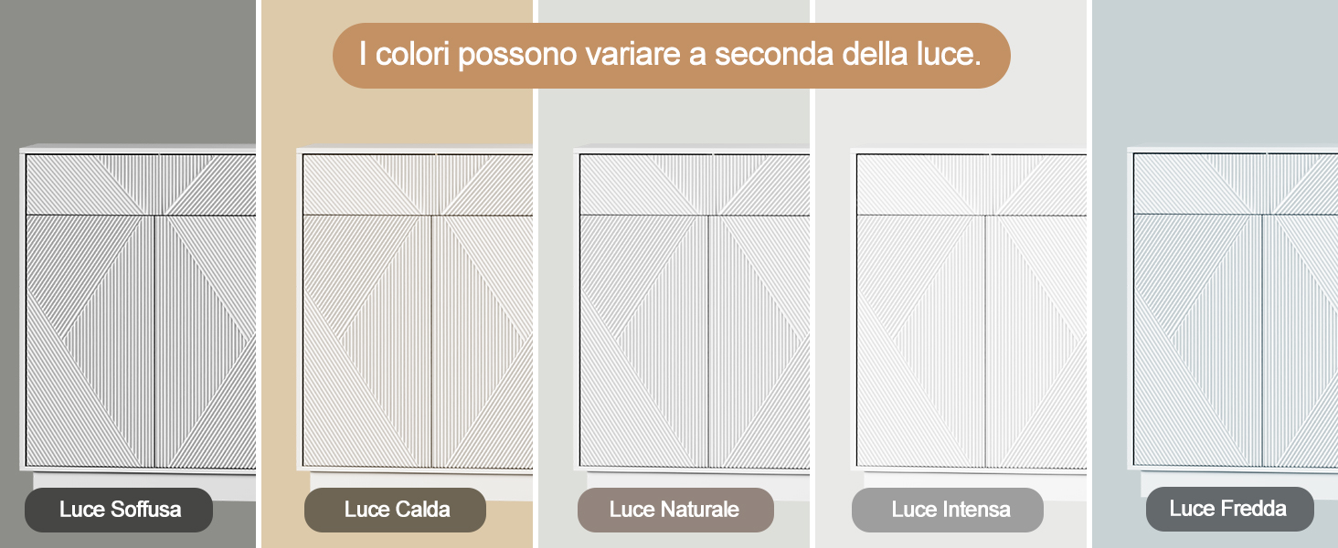 Il testo recita «i colori possono variare a seconda della luce». Cinque modelli di porte o persiane verticali bianche disposti in fila con etichette: «Lato Sx/LSX», «Lato Caldo», «Lato Naturale», «Lato Interno», «Lato Freddo».