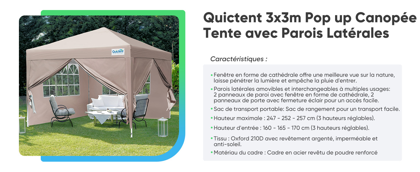 Le texte indique « Quictent 3 x 3 m Pop up Canopée Tente avec Parois Latérales ». Image du produit encadrée en vert montrant une tente à baldaquin escamotable beige avec des parois latérales en extérieur.
