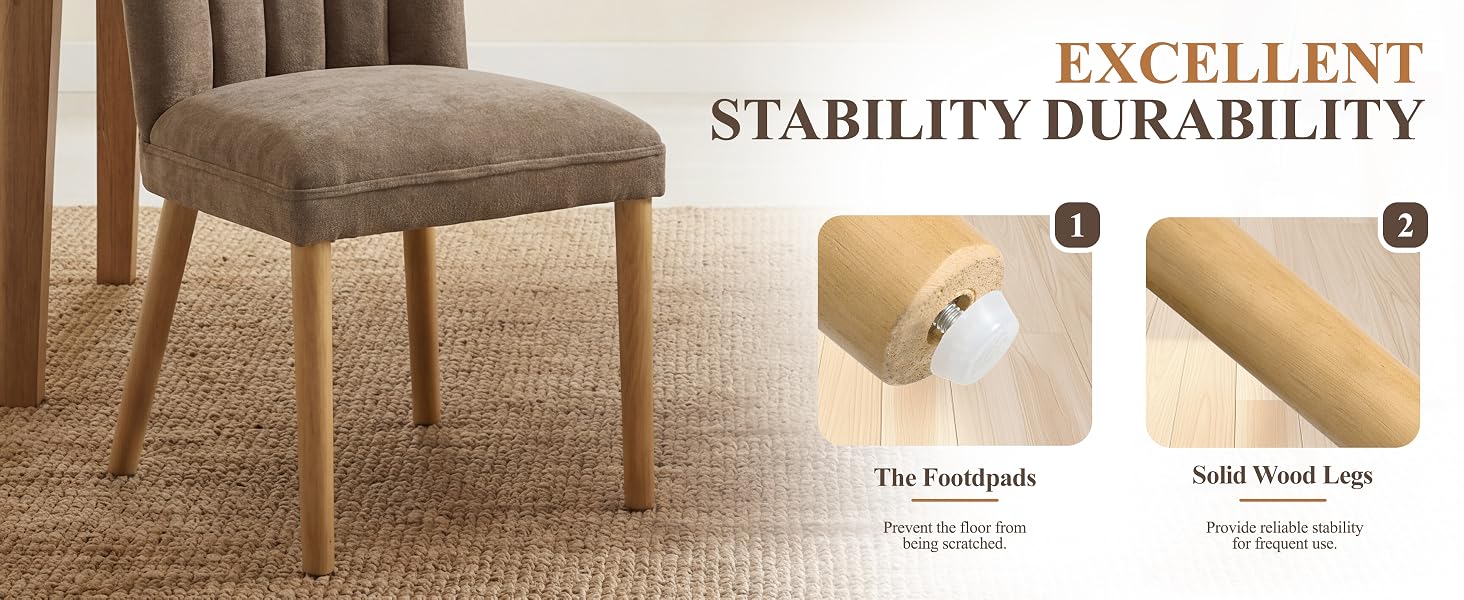 Text reads 'STABILITY DURABILITY EXCELLENT'. Shows beige upholstered furniture legs on carpet or rug material with technical or promotional information.