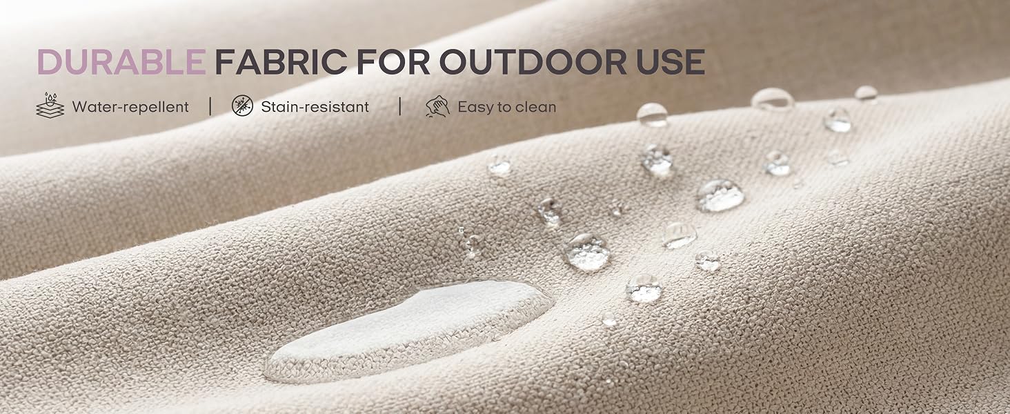 Text reads "DURABLE FABRIC FOR OUTDOOR USE". Close-up of neutral-toned fabric with water droplets demonstrating water-repellent outdoor fabric properties.