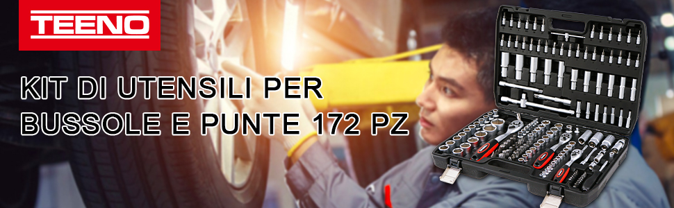 Il set completo di prese e strumenti del marchio Teeng viene visualizzato in una custodia organizzata con testo del prodotto sovrapposto