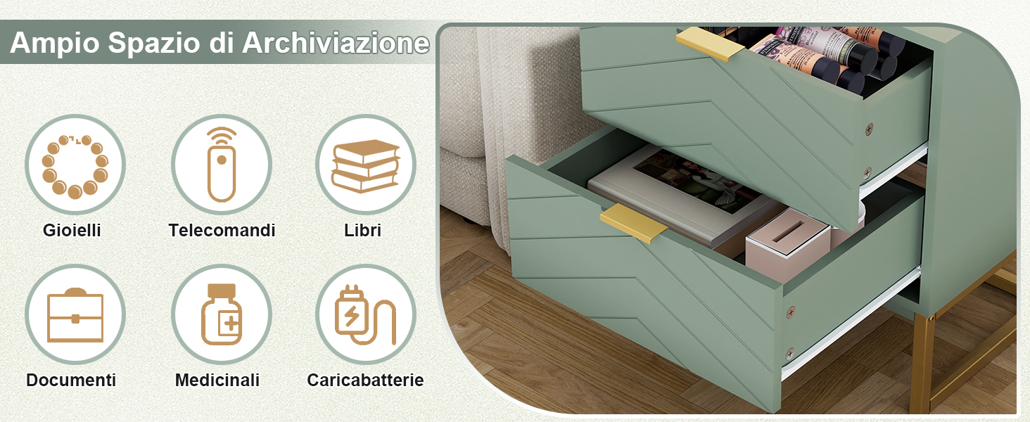 Il testo recita 'Ampio Spazio di Archiviazione'. Interfaccia del sistema di archiviazione che mostra le icone per 'Gioielli', 'Telecomandi', 'Libri', 'Documenti', 'Medicinali', 'Caricabatterie' con le corrispondenti immagini dei cassetti.