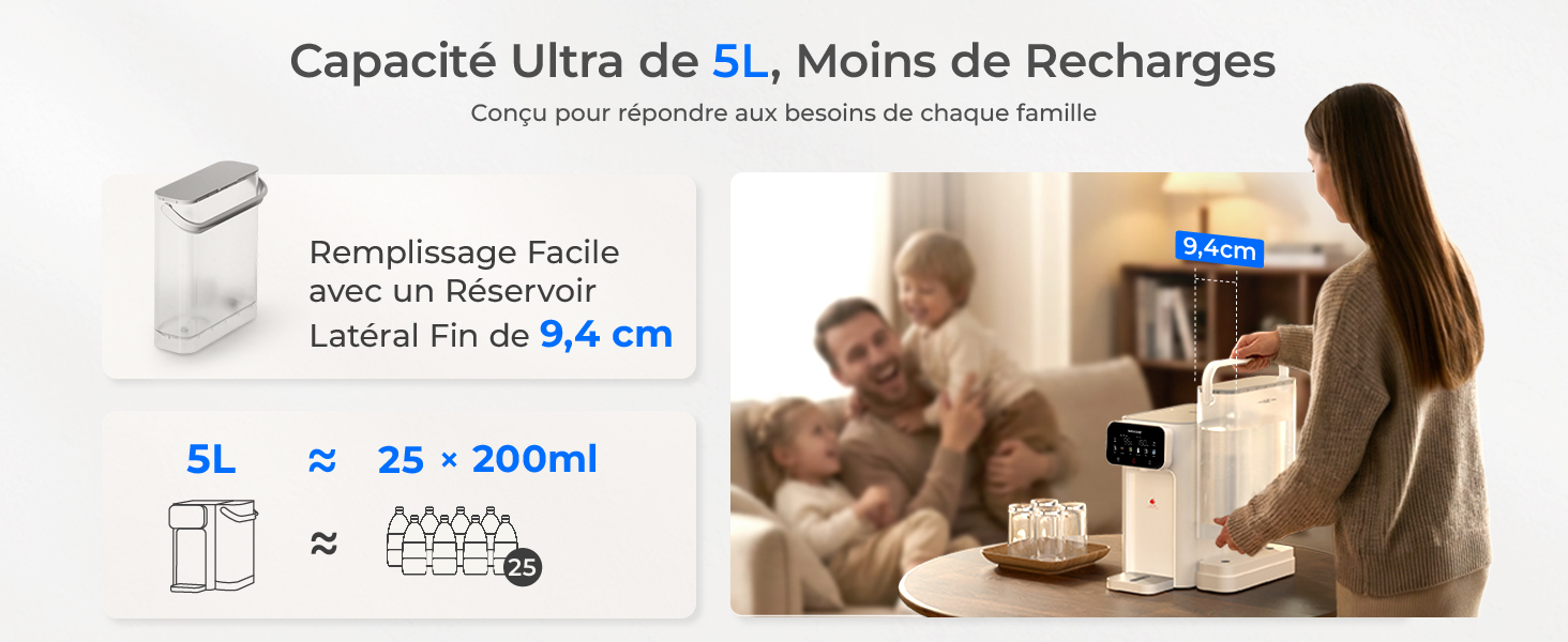 Le texte se lit comme suit : « Capacité Ultra de 5L, Moins de Recharges ». Informations sur le produit montrant un contenant de 5 L et une équivalence « 25 = 200 ml », avec une image de style de vie montrant le rangement de la cuisine.
