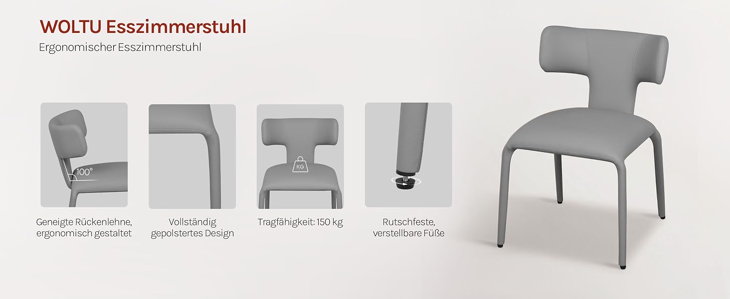 Text zeigt: 'WOLTU Esszimmerstuhl'. Produktdisplay, das mehrere Ansichten eines modernen grauen Esszimmerstuhls aus verschiedenen Blickwinkeln zeigt.