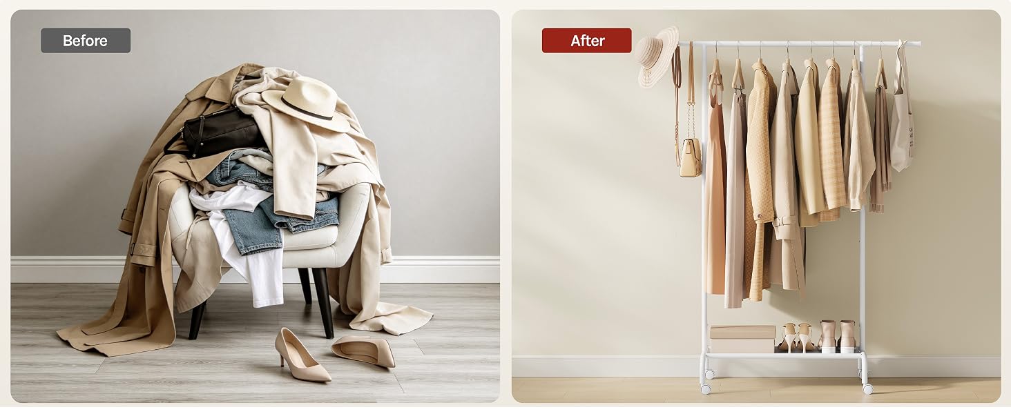 Text reads: 'Before', 'After'. Split-panel before-and-after image showing clothing organization: left panel displays messy garments on chair, right panel shows neatly organized clothing items hanging on white wall-mounted rail.