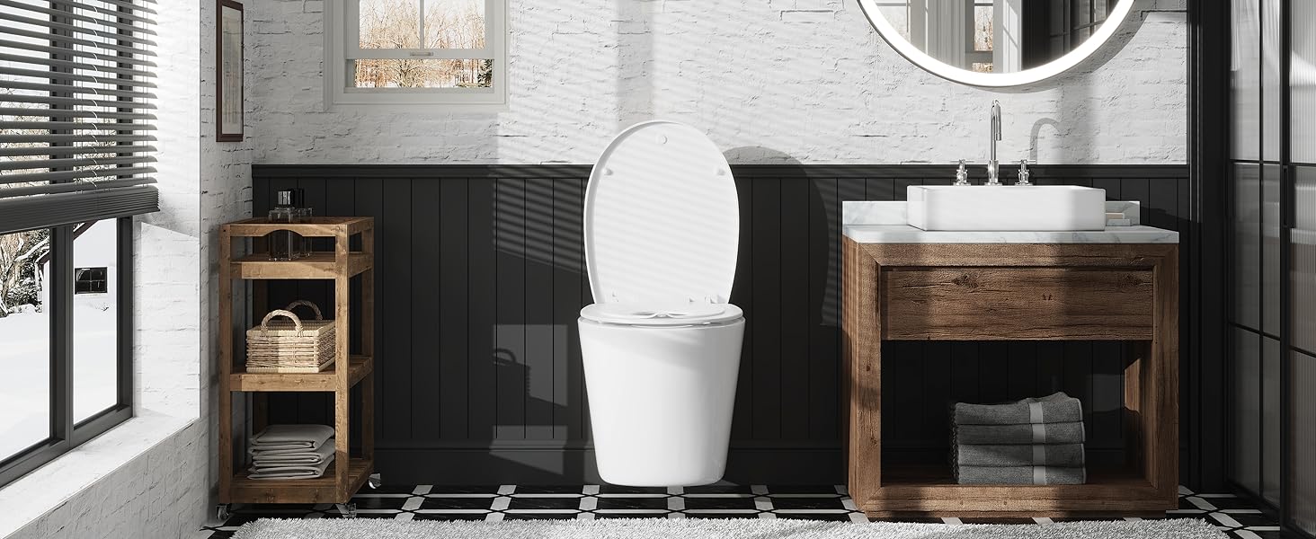 Modern bathroom with white toilet, black tiled walls, wooden vanity with white sink, round mirror, and wooden shelving unit.