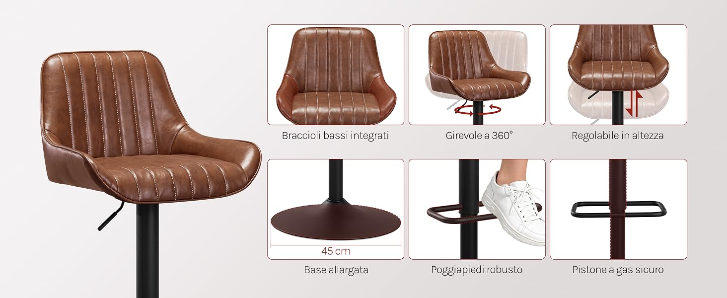 Collezione di sgabelli da bar in pelle marrone con rivestimento a coste e base girevole, mostrati da più angolazioni e altezze.