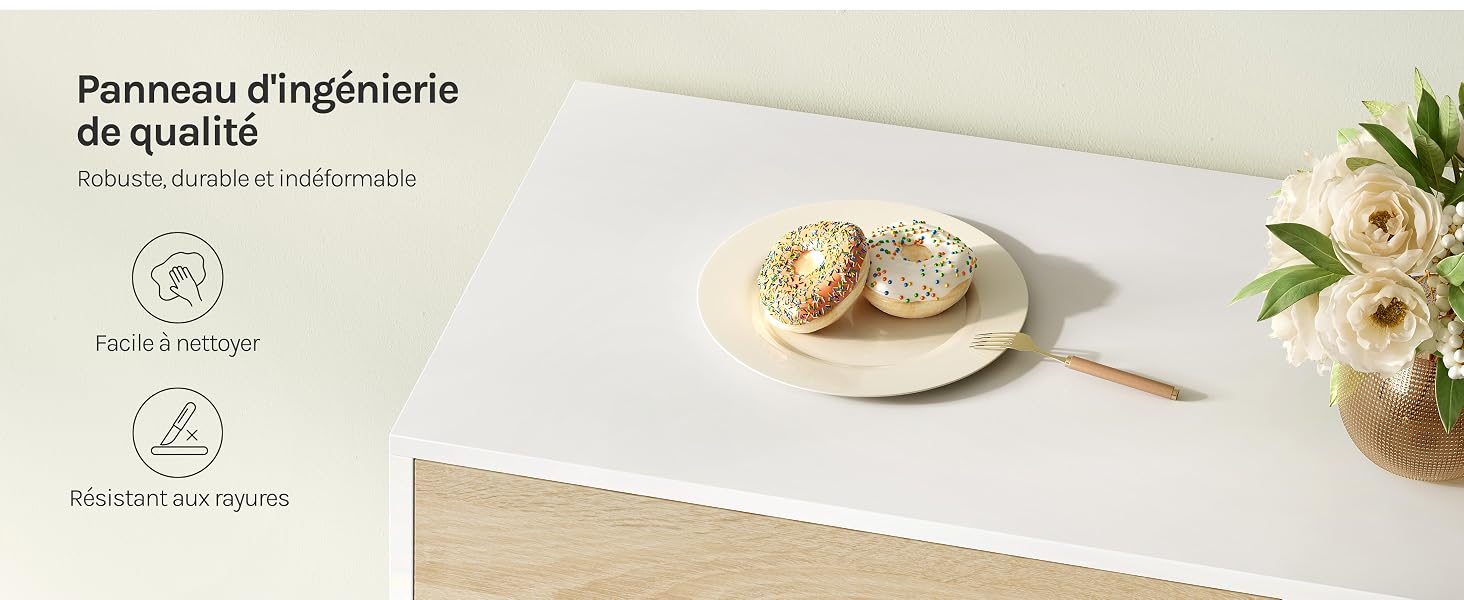 Le texte se lit comme suit : « Panneau d'ingénierie de qualité ». Une photo de produit minimaliste montrant des pâtisseries sur une assiette blanche sur fond clair avec des fleurs roses dans un vase.