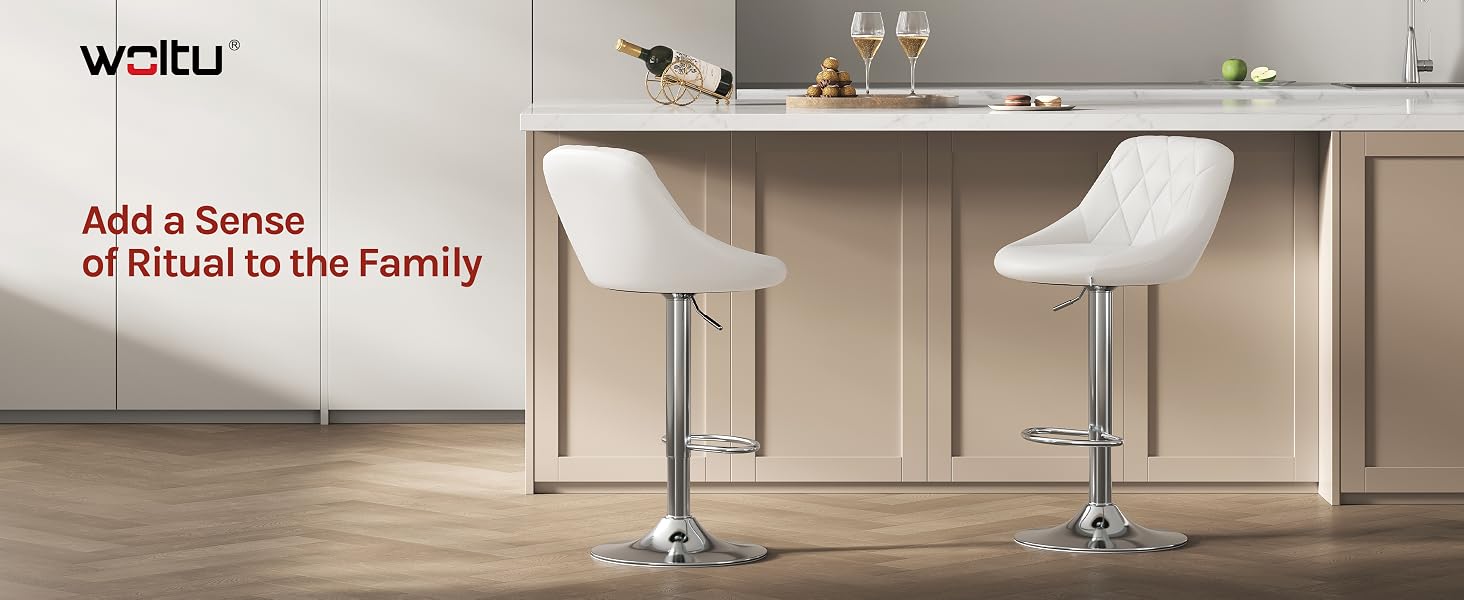 Text reads 'weifu' brand name and 'Add a Sense of Ritual to the Family'. Modern kitchen island with two white cushioned stools against beige cabinetry.