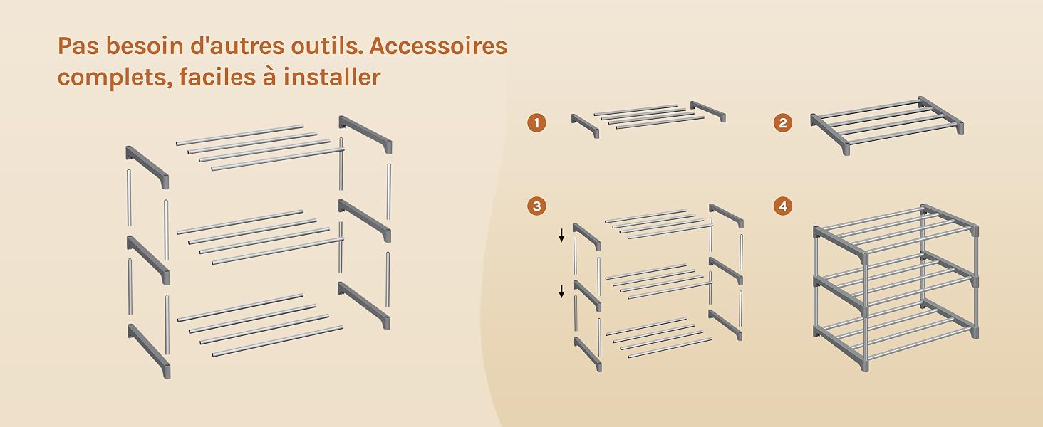 Illustration technique montrant les étapes d'assemblage du produit de gauche à droite avec les composants numérotés et les lignes de connexion illustrant la séquence d'installation.