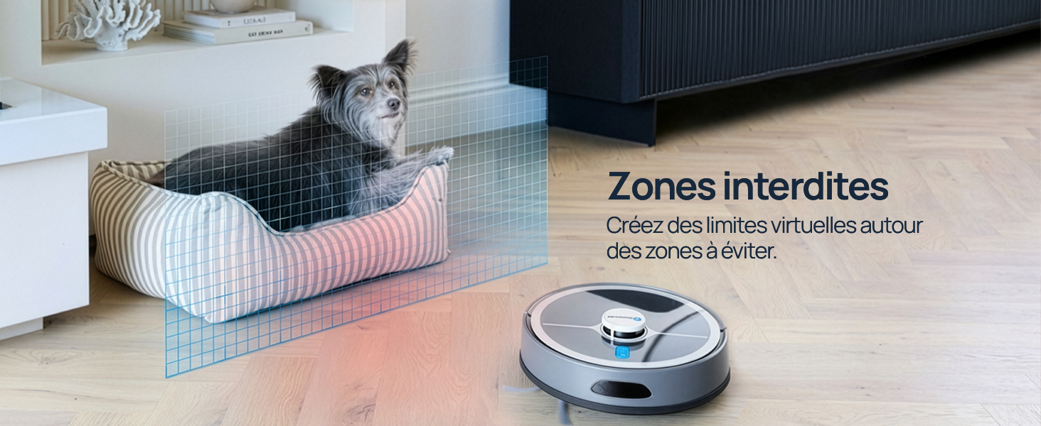 Le texte se lit comme suit : « Zones interdites » et « Créez une frontière et utilisez libres dans les espaces à limiter ». Chat dans un lit rose et blanc à côté d'un aspirateur robotique blanc sur le sol.