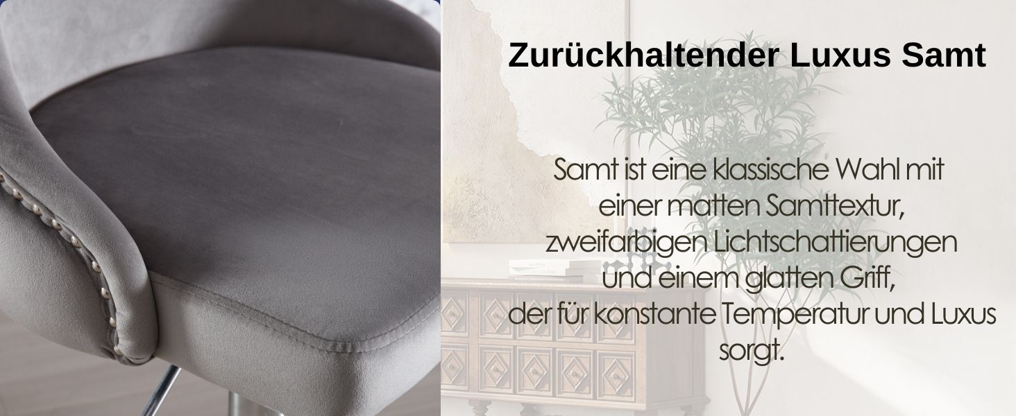 Nahaufnahme aus grauem Samt, die seine weiche Textur und sein luxuriöses Aussehen hervorhebt. Der deutsche Text beschreibt ihn als zurückhaltenden Luxus-Samt