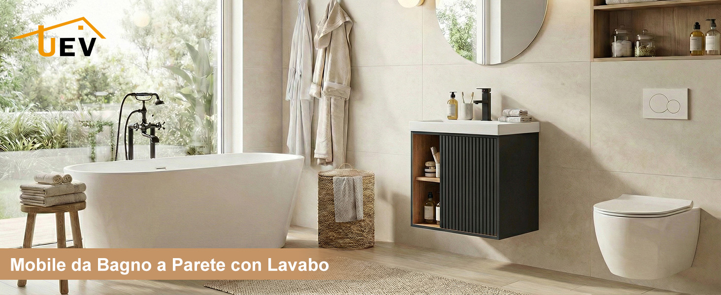 Il testo recita «Mobile da Bagno a Parete con Lavabo». Scene interne di bagni moderni che mostrano mobili lavabo a parete con lavandini in ambienti contemporanei.
