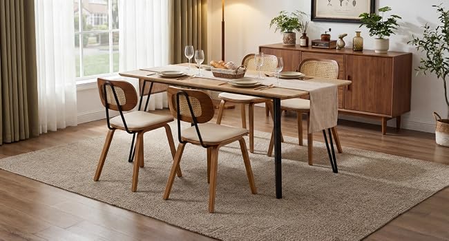 Modernes Interieur des Essbereichs mit Holztisch und Stühlen, warmer Beleuchtung, weißen Wänden und dekorativen Pflanzen. Es ist mit minimalistischen Möbeln im skandinavischen Stil eingerichtet und bietet viel Tageslicht durch die Fenster.