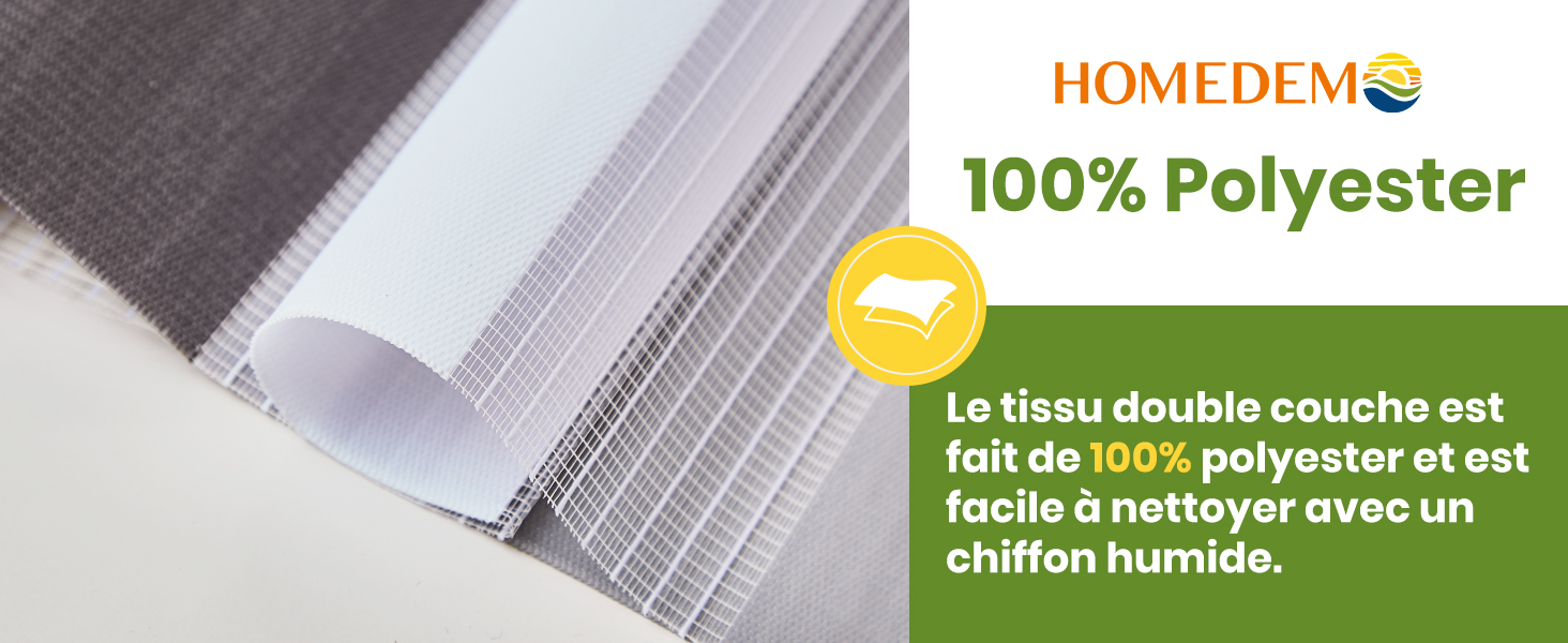 Gros plan d'échantillons de tissus blancs et gris. Le texte indique un matériau « 100 % polyester » facile à nettoyer avec un chiffon humide.