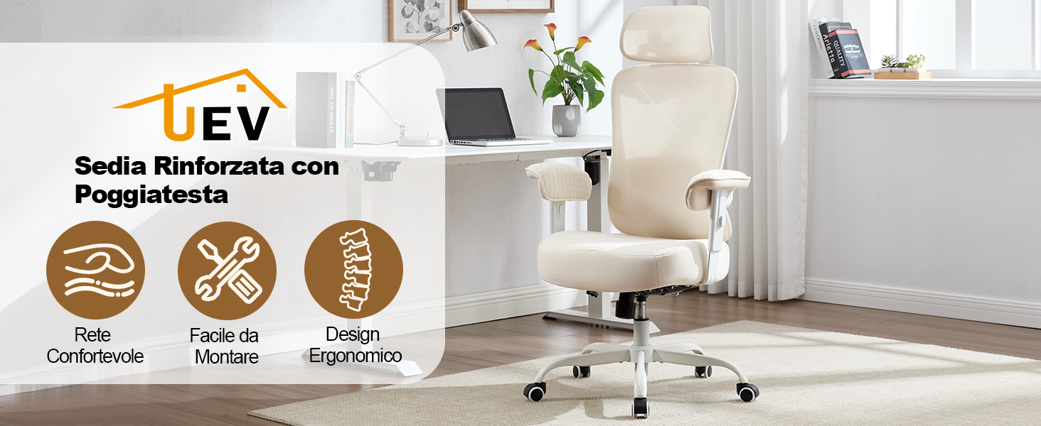 Il testo recita 'Sedia Illustrata con Poggiapiede'. Ambiente da ufficio moderno con sedia ergonomica e icone che mostrano le caratteristiche, tra cui poggiatesta regolabile e supporto lombare.