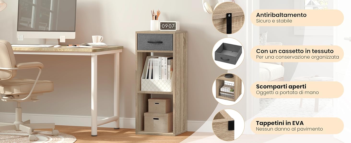 Configurazione per l'home office con scrivania bianca e soluzioni di archiviazione.