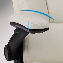 Close-up of an office chair armrest with adjustable tilt feature. White padded armrest on black support, with blue arrow indicating tilt functionality.