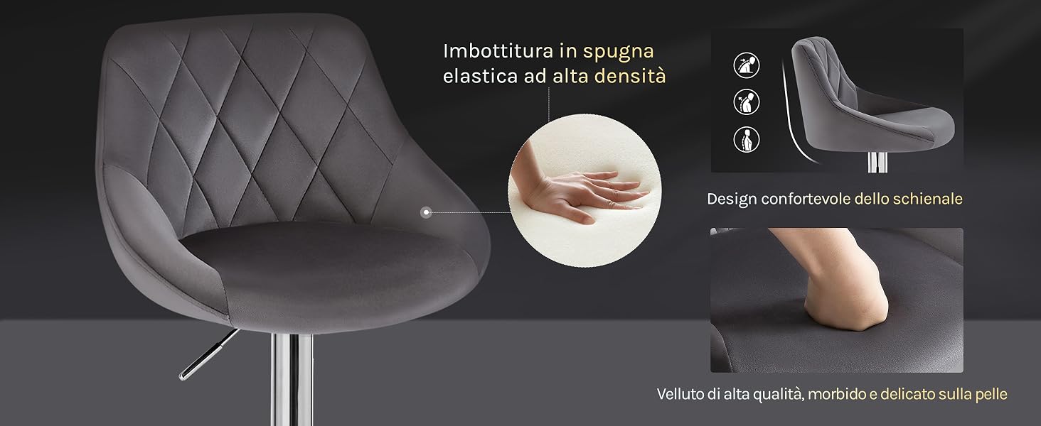 Sgabello da bar regolabile grigio con seduta e schienale trapuntati. Presenta imbottitura in memory foam, base girevole e leva di regolazione dell'altezza. La vista laterale mostra