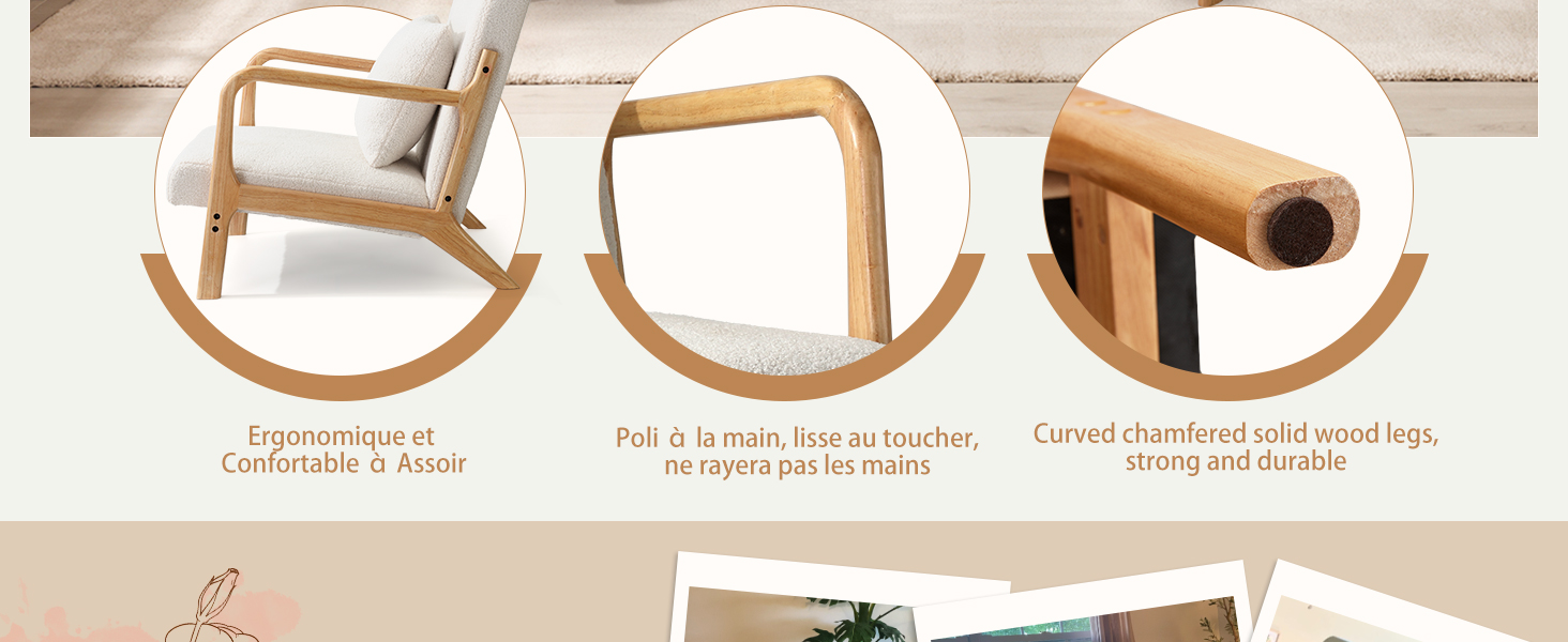 Trois images circulaires présentant des parties d'une chaise en bois : accoudoir, cadre incurvé et articulation des pieds.