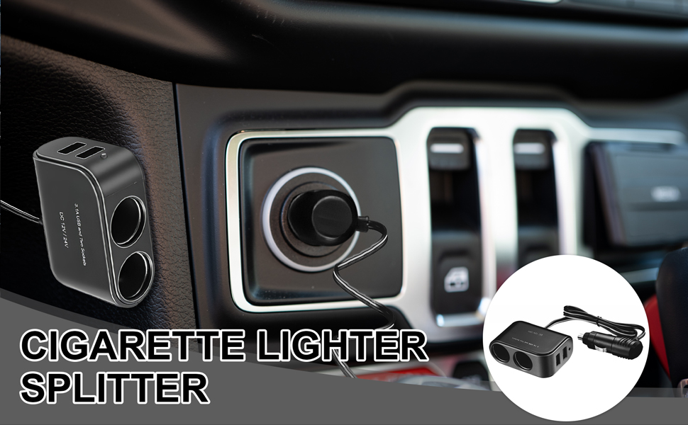 Car cigarette lighter splitter device shown installed in a vehicle's power outlet, with a close-up of the product and its dual USB ports.