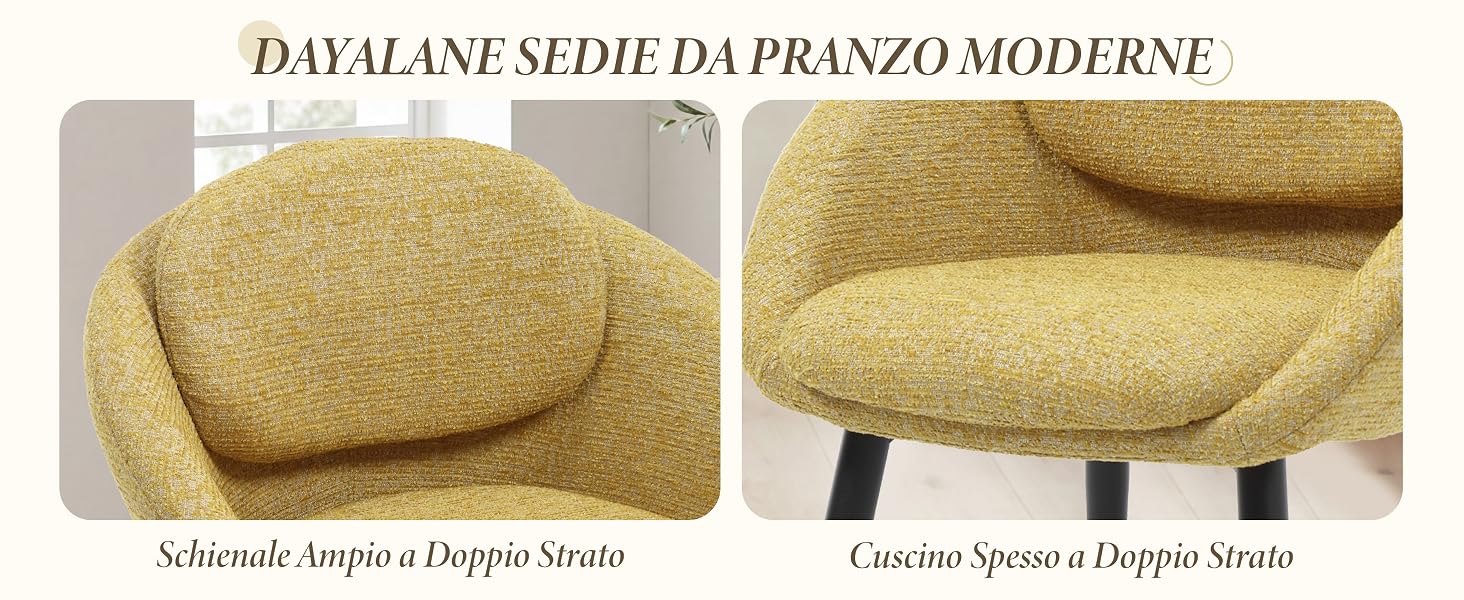 Il testo recita «DAYALANE SEDIE DA PRANZO MODERNE» con sottotitoli in italiano «Schienale Ampio a Doppio Strato» e «Cuscino Spesso a Doppio Strato». Due vedute di sedie da pranzo moderne con sedili imbottiti giallo-verdi e gambe nere.