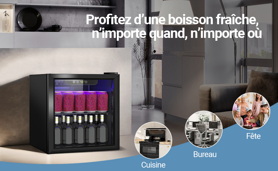 Der Text lautet „Profitez d'une boisson fraîche, n'importe quand, n'importe où“, „Fête“, „Bureau“, „Cuisine“. Das Getränkeausgabesystem wurde in verschiedenen Umgebungen gezeigt.