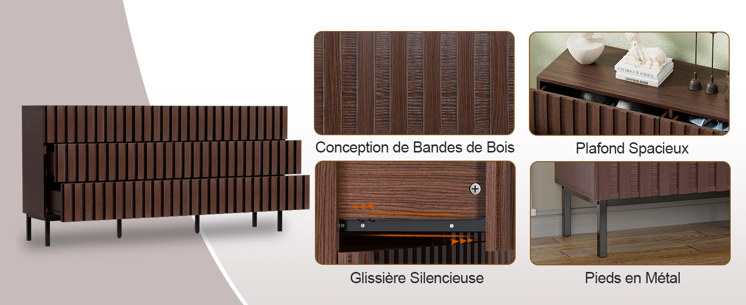 Collection de meubles à lattes en bois brun présentés sous différents angles, y compris des buffets et des meubles de rangement. Design minimaliste moderne avec motif à lattes verticales.