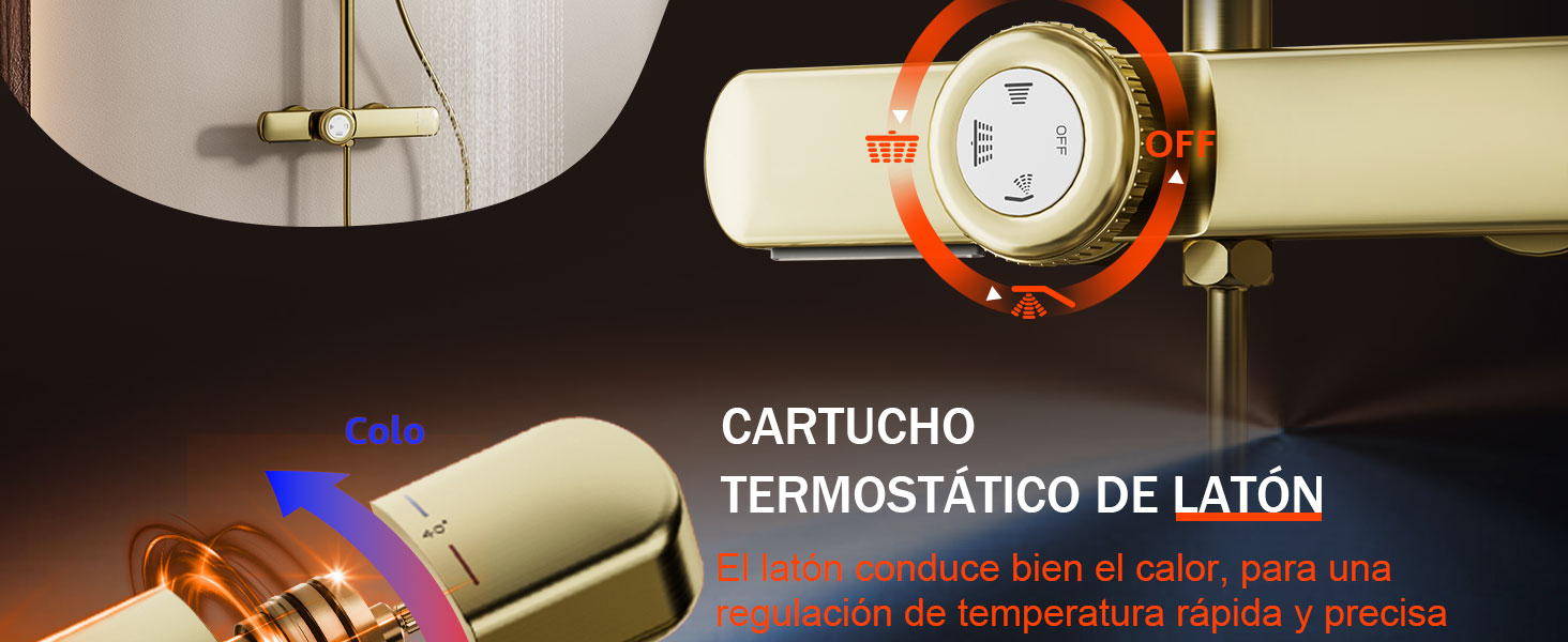 El texto dice «CARTUCHO TERMOSTÁTICO DE LATÓN». Imagen del producto que muestra el componente de cartucho termostático de latón con ilustración técnica.
