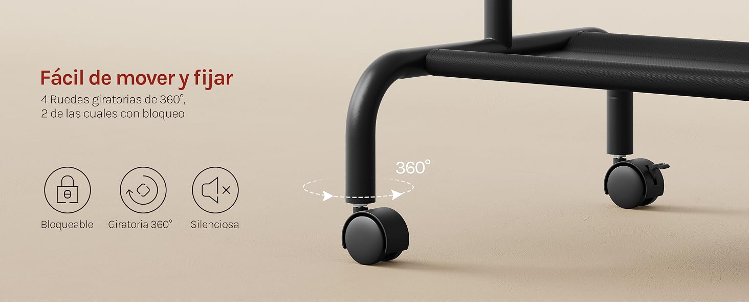 El texto dice «Fácil de mover y fijar», «Altura regulable», «360°», con tres iconos de funciones en la parte inferior. Brazo curvo negro para monitor de escritorio con ruedas giratorias dobles, altura ajustable y capacidad de rotación de 360 grados.