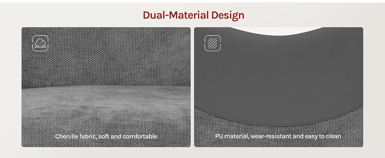 Text reads 'Dual-Material Design'. Left side shows gray fabric texture labeled 'Gray 3D fabric, soft and comfortable'; right side shows dark material labeled 'For metallic uses not dated and easy to clean'. Two-panel material comparison display.