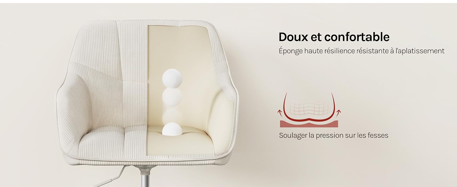 Le texte indique « Doux et confortable » et « DOUX À ENTRETENIR, MÊME LAVABLE ET DURABLE » avec du texte en français. Montre une chaise de couleur crème avec un coussin blanc et une image détaillée du motif de tissage du tissu.