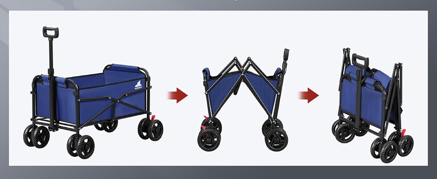 Foldable blue wagon with black frame shown in three stages: fully open, partially folded, and completely folded. Features large wheels and a collapsible design for easy storage and transport.