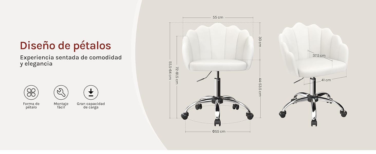 con diseño de pétalos blancos con diagrama de medidas, que muestra las especificaciones de altura y ancho e íconos de características ergonómicas