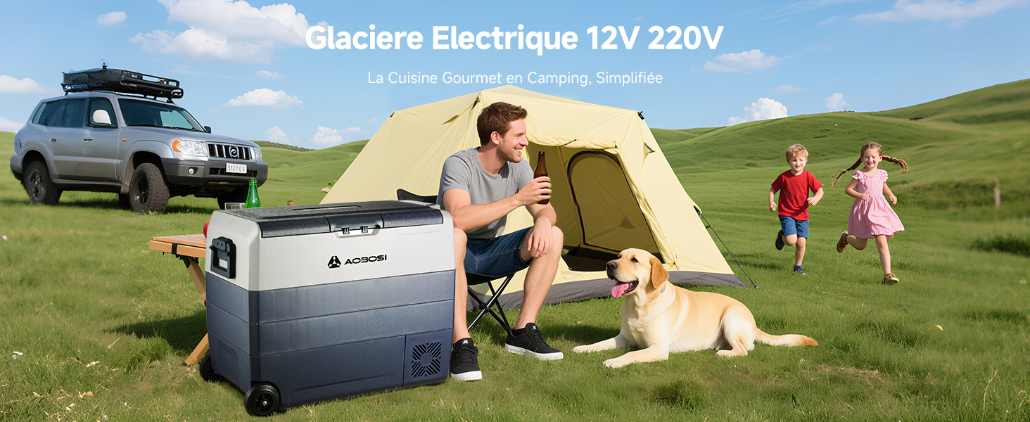 Le texte indique « Glaciere Electrique 12V 220V ». Plusieurs scènes extérieures montrant des personnes faisant du camping avec une glacière électrique, y compris les activités familiales et la configuration du véhicule.