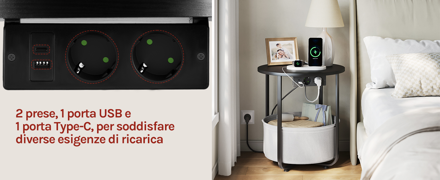 Il testo dice '2 prese, 1 porta USB e 1 porta Type-C per poddificare diverso ca gli altri in ricassa'. Immagine divisa che mostra il pannello di controllo nero e il dispositivo cilindrico bianco sul comodino.