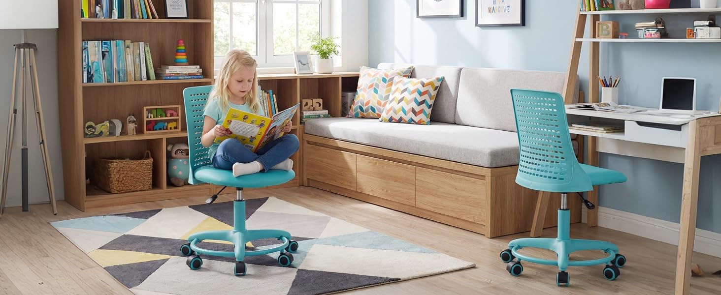 Series of images showing a turquoise office chair in various positions against wooden flooring and bookshelves.