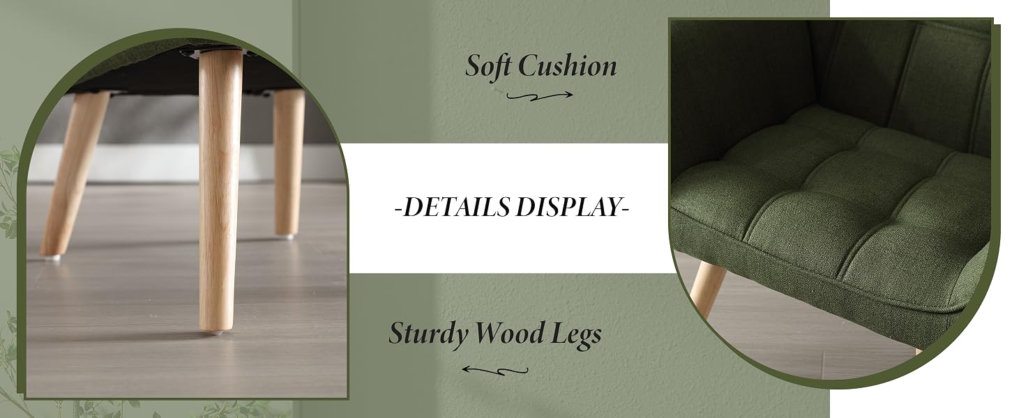 Product details showing wooden furniture legs and green upholstered cushion surface, with text displaying 'Details Display' and 'Sturdy Wood Legs'.