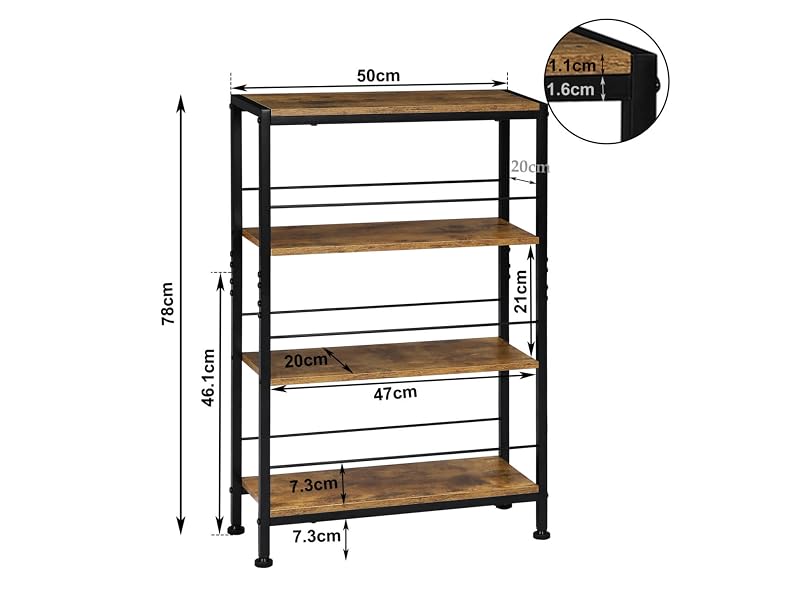 Scaffale industriale a quattro livelli con ripiani in legno e struttura in metallo. Dimensioni mostrate: altezza 78 cm, larghezza 50 cm, profondità 47 cm. Spessori e spaziatura dei ripiani dettagliati