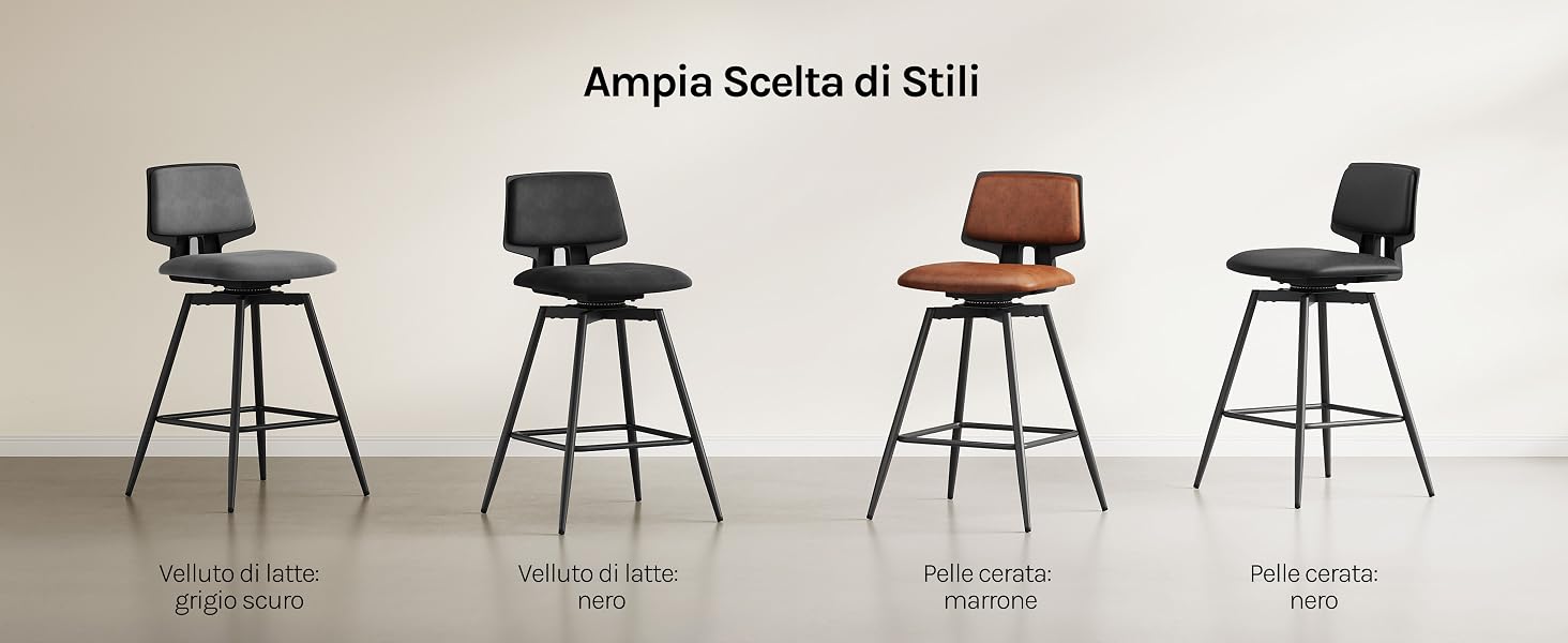 Il testo recita «Ampia Scelta di Stili». Collezione di sedie da pranzo moderne disponibili in diversi colori tra cui nero, marrone e grigio, con design minimalista e gambe angolate.