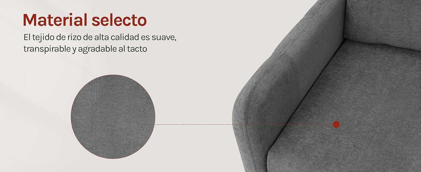 El texto dice «Material selector». Imágenes en primer plano de un material con textura gris o una superficie de tela con indicador de punto focal.