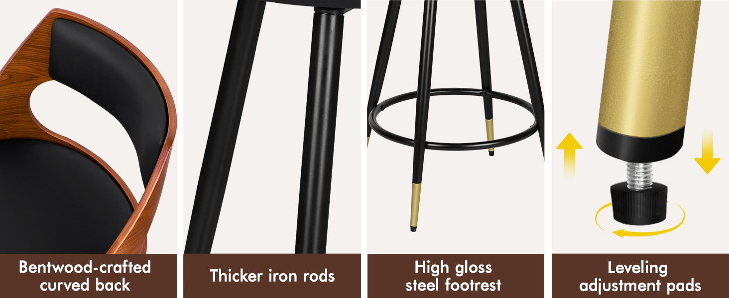 Sequential product feature icons showing different aspects of a furniture or fixture item, including reinforced curved back, thicker iron rods, and swiveling adjustment rods.